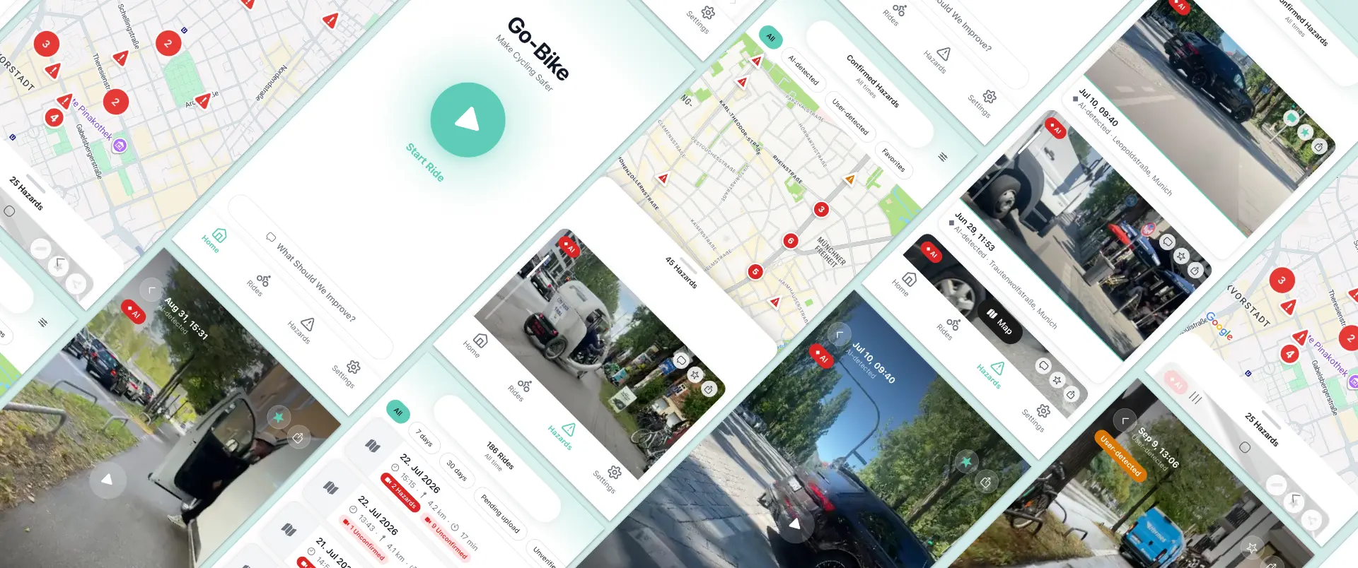 Go-Bike app screens showing hazard maps, ride recordings and ride history