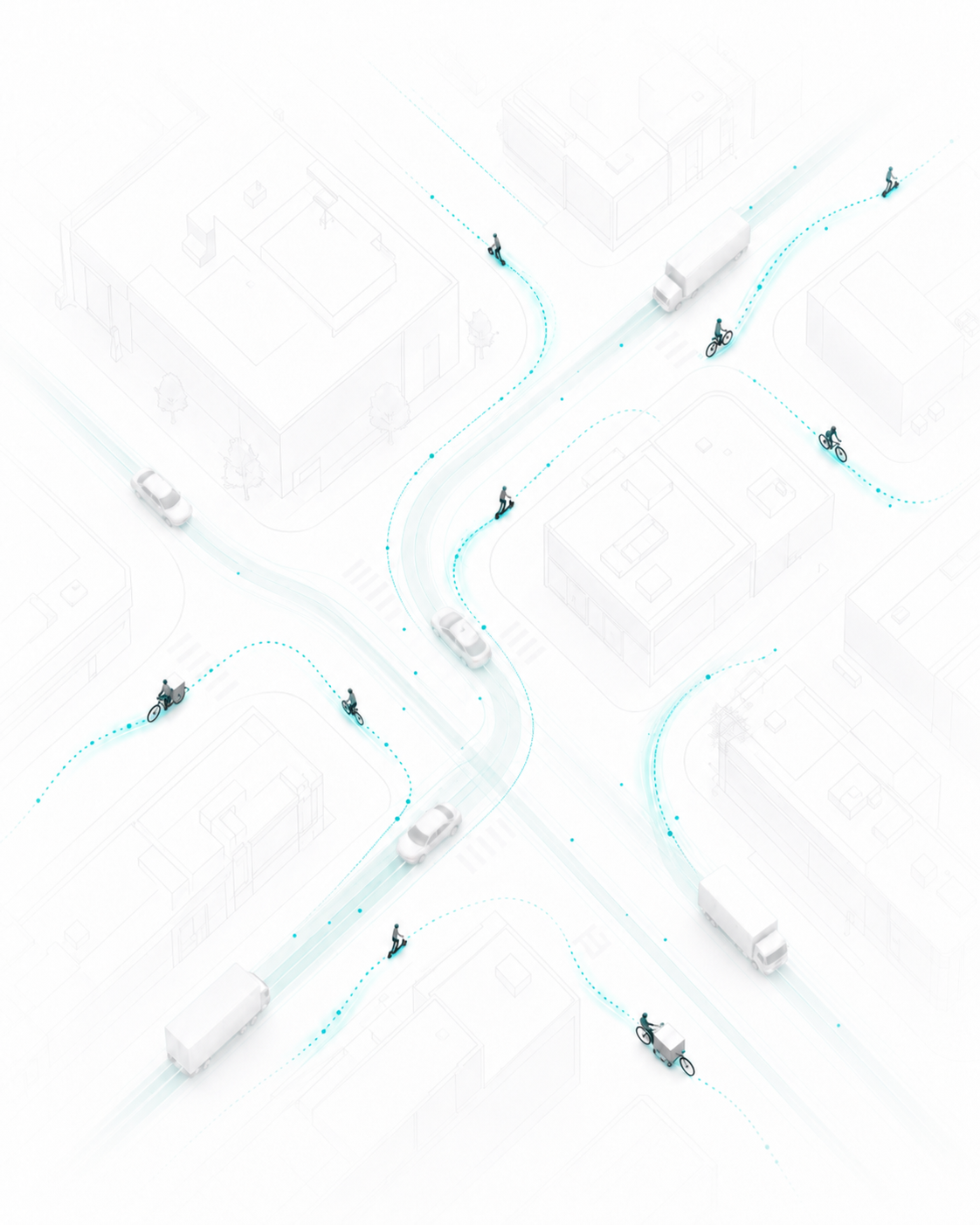 Isometric city map showing light vehicles such as bicycles, cargo bikes and scooters travelling along highlighted routes