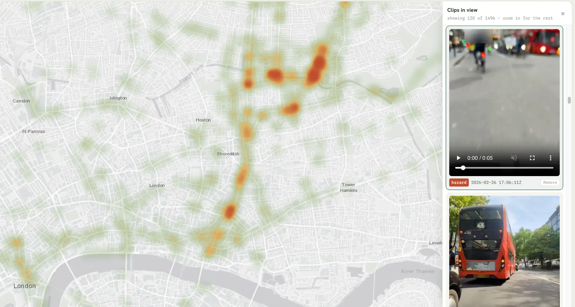 London hazard map with clip review panel